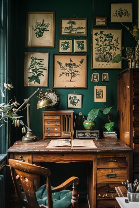 Work Cabinet Home Office, History Interior Design, Living Room Writing Desk, Office With Dark Green Walls, History Room Aesthetic, Dark Green Aesthetic Office, Dark Academia Decor Office, Vintage Home Decor Aesthetic, Dark Academia Desk Decor