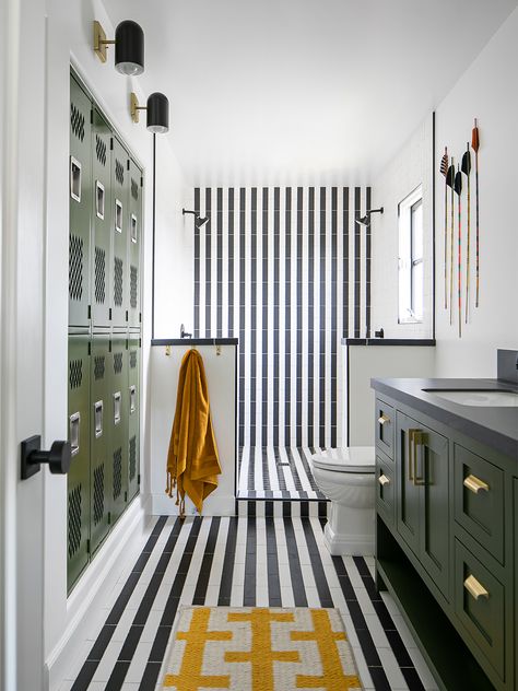 Newport Beach House, Striped Tile, Aesthetic Bathroom, Boys Bathroom, Kids Bath, Bathroom Inspo, Bathroom Reno, Kids Bathroom, Bathroom Tile