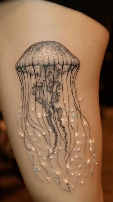 Stunning Female Leg Tattoo Designs: Unleashing Artistry and Expression - Fashion Tips Tricks Women Line Tattoo Design, Pretty Jellyfish Tattoo, Ocean Lower Back Tattoo, Womens Tattoos Back, Colorful Jellyfish Tattoo, Jelly Fish Tattoo Fine Line, Small Unique Tattoos Women, Ocean Hip Tattoo, Jellyfish Back Tattoo