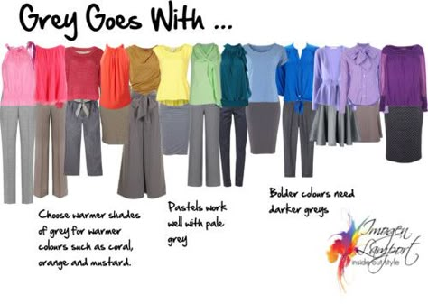 How to Mix Colours - Grey goes with ... 333 Project, Colours That Go With Grey, Grey Clothes, Dressing Casual, Wardrobe Colors, Inside Out Style, Clear Winter, Colour Analysis, Wardrobe Planning