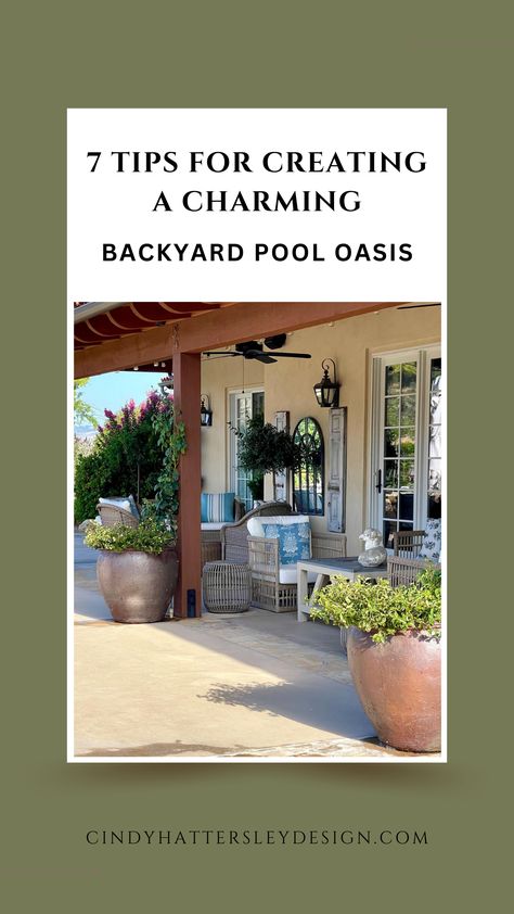 Poolside furniture ideas and decor recommendations for your backyard to make your patio look great. Simple tips to create a backyard design you love. | Backyard decor ideas with pool | How to style your backyard for entertaining Backyard Oasis Ideas Swimming Pools, Ideas For Around The Pool, Pool Area Decorating Ideas Backyard, Cottage Pool Backyards, How To Decorate Pool Area, Decorating Around Pool, Elegant Pool Decor, Decorating Around A Pool, Backyard Makeover With Pool