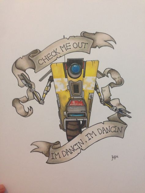 Borderlands tattoo design, claptrap! by Jeffica Avery  Prints and commissions available from http://jefficaalicearts.bigcartel.com Borderlands Tattoo, Games Tattoo, Video Game Tattoos, Borderlands 1, Monkey Tattoo, Borderlands Series, Gamer Tattoos, Borderlands Art, Video Game Tattoo