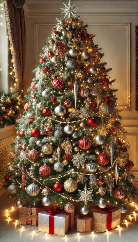 Silver Red Gold Christmas Tree, Gold Silver Xmas Tree, Red And Gold And Silver Christmas Tree, Christmas Tree Red White And Gold, Silver Gold Red Green Christmas Tree, Red Champagne Gold Christmas Tree, Christmas Tree Themes Red And Gold, Red Silver And Gold Christmas Decor, 2025 Christmas Tree