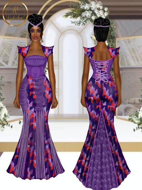 Kente Ankara Styles, Traditional Dresses For Engagement, Engagement Kente Dress For Bride, Purple Kente Dress, Kente Wedding Styles, Traditional Ghanaian Wedding Dresses, Kente Engagement Styles Ghana, Wedding Kente Styles, Purple Kente Styles For Engagement