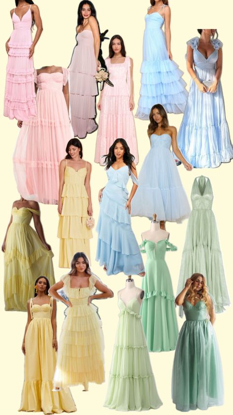 Mismatch color and style bridesmaids dresses Mismatched Bridesmaid Dresses Formal, Bridesmaid Dress Unique, Dainty Bridesmaid Dress, Pastel Bridesmaids Dress, Pastel Color Dress Wedding, Pastel Dress Bridesmaid, Mismatched Bridesmaid Dresses Summer Color Palettes, Spring Bridesmaid Dress, Garden Theme Wedding Guest Outfit