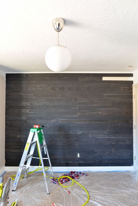 Vintage Revivals | Come to the Dark Side JoJo: How to DIY Black Shiplap Shiplap Wallpaper Accent Wall, Wallpaper Accent Wall Ideas, Painted Shiplap, Shiplap Wallpaper, Stained Shiplap, Shiplap Bedroom, Black Shiplap, Wall Stains, Black Wood Stain