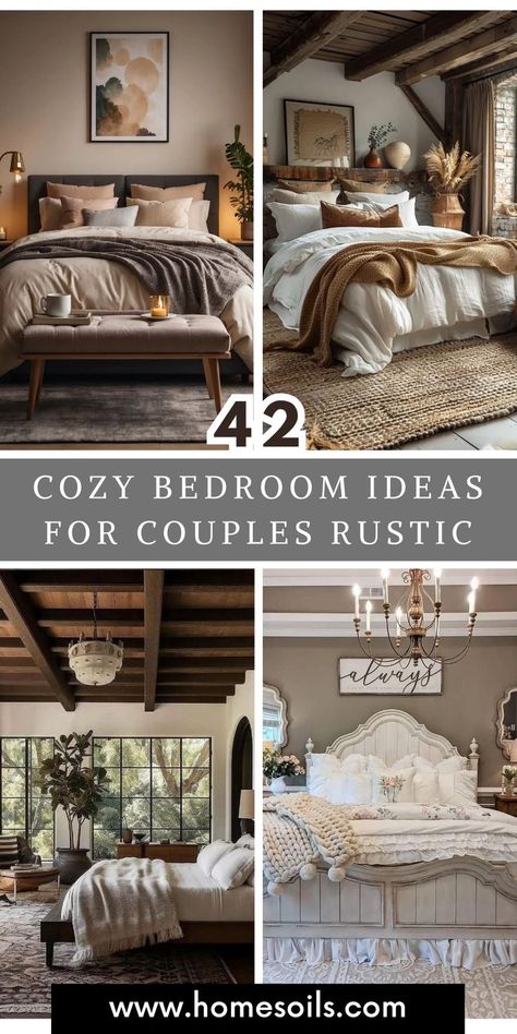 Create a warm and inviting retreat with these 42 cozy rustic bedroom ideas for couples! From reclaimed wood accents and soft lighting to plush bedding and nature-inspired decor, transform your bedroom into a relaxing, intimate space with rustic charm and comfort. Rustic Lake House Decor Interior Design Master Bedrooms, Bedding With Wood Headboard, Rustic Style Bedroom Ideas, Brown Bed Frame Decor, Natural Elements Bedroom, Rustic Farmhouse Bedroom Ideas Color Schemes, Bedroom Filler Ideas, Cozy Farmhouse Bedroom Ideas Rustic, Farmhouse Master Bedrooms Decor Ideas