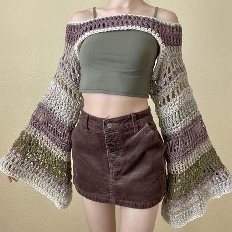 crochet shrug, bolero, mesh, boho, fairycore,... - Depop Crochet Top Sleeves, Shrug Outfit, Mesh Top Outfit, Crochet Shrug Bolero, Fairy Crochet, Shrug Top, Crochet Outfit, Crochet Bell Sleeve, Hippie Crochet