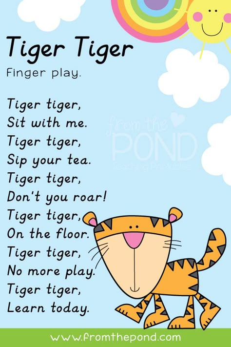 Tiger Songs For Preschool, Finger Plays For Kindergarten, Tiger Activities For Preschool, Phonic Rhymes, Finger Plays For Preschool, Tiger Poem, Finger Play Songs, Tiger Activities, Rhymes For Kindergarten