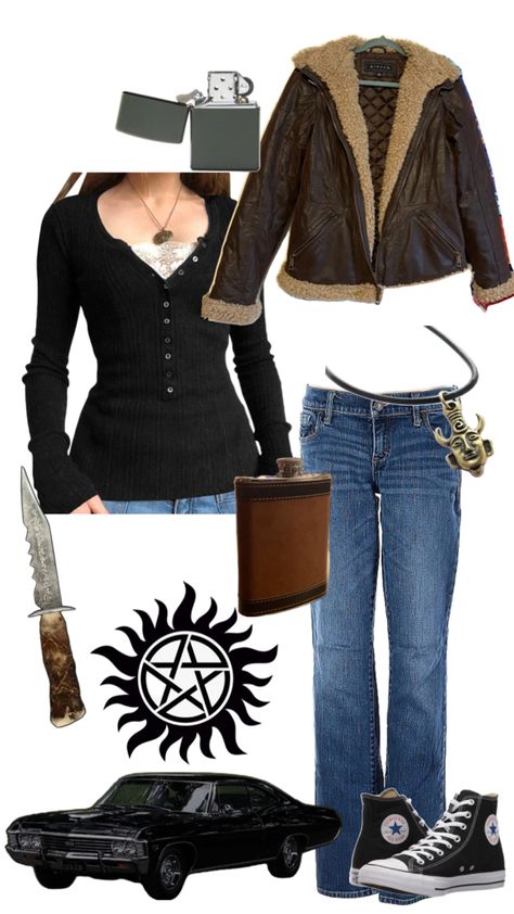 This is what I would wear and bring if I was in the show Supernatural. Outfit inspo. #outfits Supernatural Hunter Aesthetic Outfit, Supernatural Outfit Ideas Women, 2000s Tv Show Outfits, What I Would Wear If I Was In, Supernatural Aesthetic Outfit, Supernatural Outfit Ideas, Sam Winchester Outfit, Spn Outfits, Dean Winchester Outfit