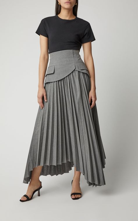 Pleated Peplum Cotton Midi Skirt by A.W.A.K.E. Now Available on Moda Operandi Stylish Business Outfits, Peplum Skirt, Cotton Midi Skirt, Older Women Fashion, Trendy Skirts, Professional Attire, Fall Skirts, Skirt Design, Mode Fashion