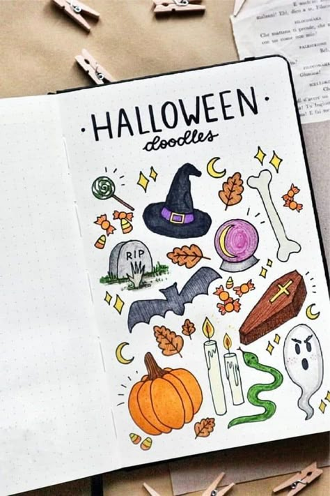 These halloween doodles are too cute! 👻 Check out the rest of the list of more inspiration! Bullet Journal Halloween, Journal D'inspiration, Crazy Laura, Halloween Doodles, Doodle Inspiration, Halloween Drawings, Bullet Journal Themes, Journal Ideas Pages, Journal Themes