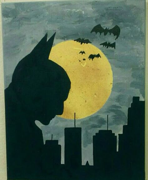 Batman Gotham Painting, Boy Painting Ideas, Batman Painting, Surprise Ideas, Wine And Canvas, Brandon Lee, Paint Night, Metallic Copper, Night Painting