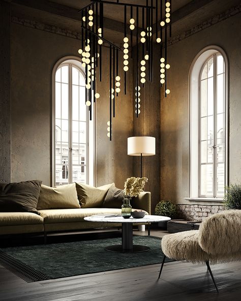 Chandelier For High Ceiling Living Room, Tall Ceiling Lighting, Large Chandelier High Ceilings, Huge Chandelier, Lobby Chandelier, Mirror Writing, Rendering Interior Design, Hallway Chandelier, Organic Interiors