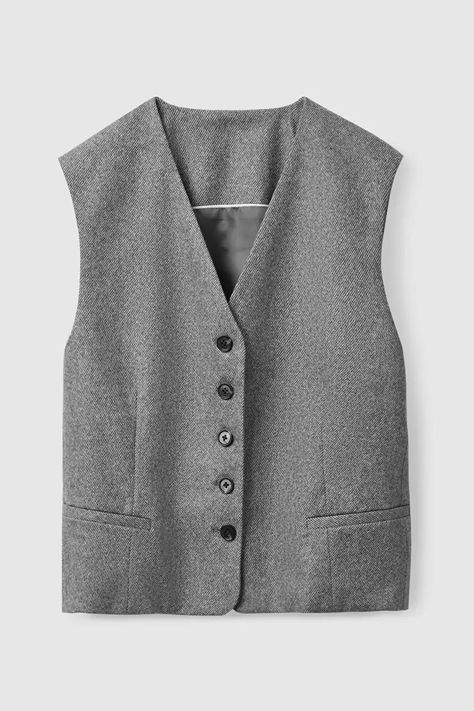 CROPPED WOOL WAISTCOAT - GREY - Jackets - COS NO Breasted Blazer Outfit, Double Breasted Blazer Outfit Women, Blazer Outfit Women, Grey Waistcoat, Hippie Cardigan, Graduation Outfit Ideas, Wool Waistcoat, Collarless Shirt, Button Shirts