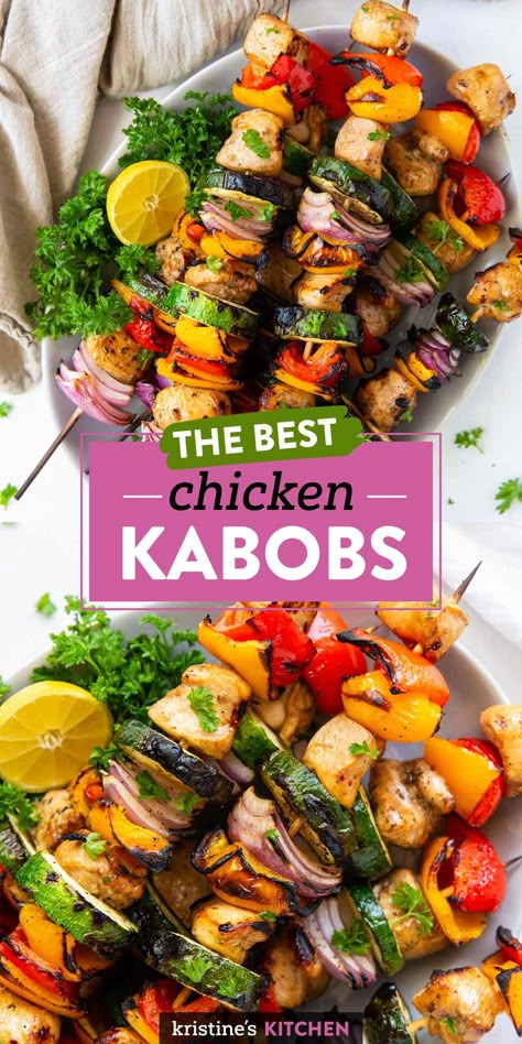 These Chicken Kabobs are made with chicken breasts, a flavorful chicken kabob marinade and vegetables. This colorful meal is easy to make on the grill or in the oven. Chicken Shish Kabobs Marinade, Delicious Chicken Marinade, Kabob Marinade Recipes, Chicken Kabob Marinade, Chicken Shish Kabobs, Kabob Marinade, Grilled Kabob Recipes, Chicken Kabob Recipes, Veggie Kabobs