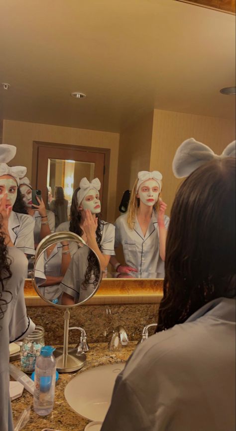 Blue Clean Girl Aesthetic, Mirror Pic Poses, Washing Face, Friend Activities, Blue Coral, Elastic Headband, Teen Life, Friend Goals, Pajama Party