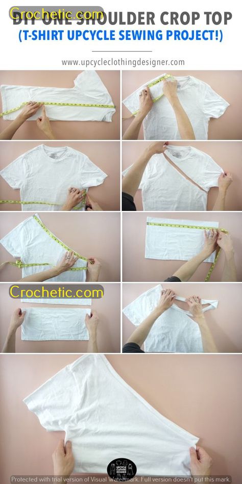 "Modern Boho: Stylish Crochet Clothing for the Contemporary Woman" T Shirt Upcycle, Diy Cut Shirts, Clothes Upcycle, Diy Crop Top, One Shoulder Crop Top, Diy Clothes Refashion, Upcycle Clothes Diy, Upcycle Shirt, Upcycle Sewing