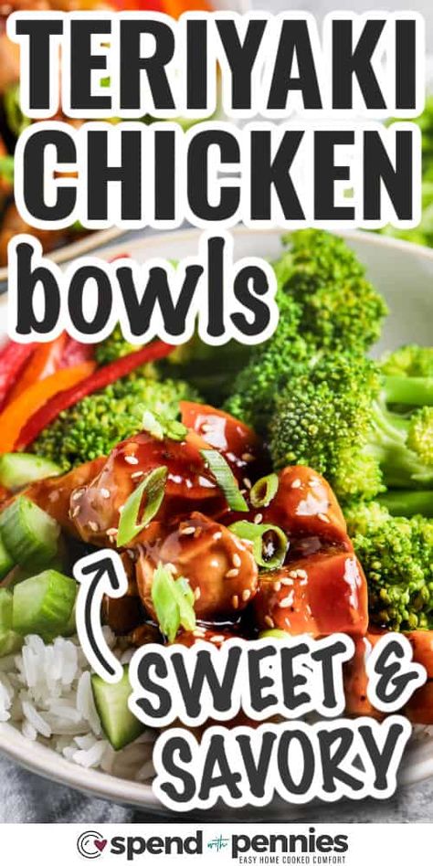 This quick and easy recipe makes the best teriyaki chicken bowl that comes together in just 30 minutes or less! Juicy chunks of chicken are stir fried in a sweet and savory homemade teriyaki sauce, with tender-crisp broccoli florets served over cooked rice. Alter as you see fit by adding other vegetables or pineapple, and garnish as desired with chopped fresh cilantro, toasted sesame seeds, or fried noodles. #spendwithpennies Different Stir Fry Recipes, Teriyaki Chicken With Rotisserie Chicken, Chicken And Rice Stir Fry Recipes, Teriyaki Chicken Casserole Recipe, Teriyaki Chicken And Broccoli Bowl, Sticky Chicken Rice Bowl, Healthy Chicken Bowl Recipes, Healthy Teriyaki Chicken Bowl, Easy Chicken Teriyaki Bowl