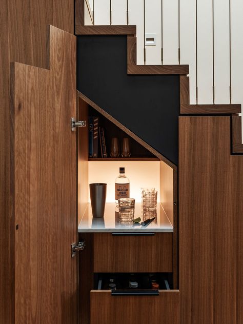 Nicholas Gurney on design thinking.  Hidden drinks bar under the stairs Bar Under The Stairs, Cabinet Under Stairs, Bar Under Stairs, Kitchen Under Stairs, Hidden Door Bookcase, تحت الدرج, Under Stair, Stairs In Kitchen, Bar For Home