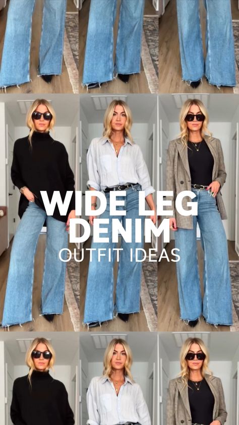 WIDE LEG DENIM OUTFIT IDEAS - Lifestyle Blog by Leanne Barlow Classy Wide Leg Jeans Outfit, Wide Leg Jeans Women Outfit, Wide Jeans Styling, Wide Leg Jeans With Heels Outfits, Wide Leg Jeans Dressed Up, Wide Leg Crop Jeans Outfit 2024, Wide Leg Jeans With Blazer Outfit, Mid Rise Wide Leg Jeans Outfit, High Rise Wide Leg Jeans Outfit Winter