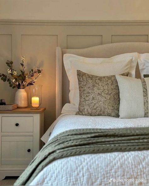 Green And Cream Bed, Soft Sage Bedroom, Sage Panelling Bedroom, Cottage Bedroom Green, Sage Green Guest Room, Overtly Olive Bedroom, Beige And Sage Bedroom, Sage And Beige Bedroom, Cosy Cottage Bedroom