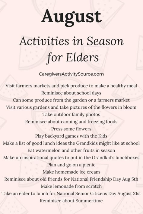 August Activities in Season for Elders #CaregiversActivitySource #SummerActiviites #AugustActivities #Eldercare #Seniorcare Senior Activities Ideas, Shuck Corn, August Activities, Assisted Living Activities, Senior Center Activities, Senior Citizen Activities, Activities Director, Memory Care Activities, Senior Living Activities