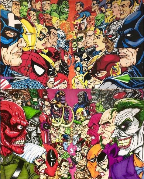 Marvel Vs Dc Art, Marvel Vs Dc Wallpapers, Marvel Dc Comics Wallpaper, Dc Vs Marvel, Dc Artwork, Dc Comics Vs Marvel, Marvel And Dc Crossover, Marvel Pins, Dc And Marvel