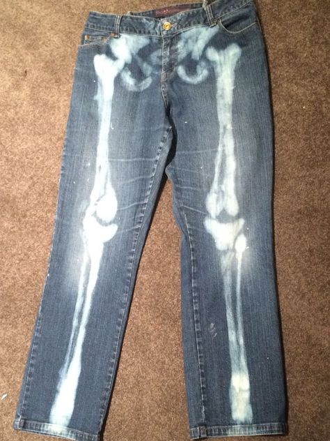 Bleach painted jeans I made for Day of the Dead/Halloween 2014 Bleach Bones Pants, Cool Bleach Designs Jeans, Jeans With Bleach Design, Skeleton Pants Bleach, Bleach Designs On Sweatpants, Bleach Pen Jeans, Cute Bleached Jeans, Dyed Pants Diy, Bleached Designs On Jeans