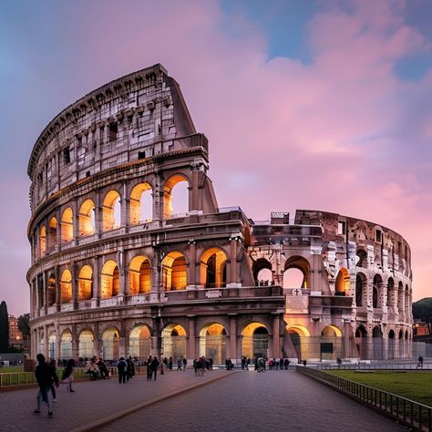 Colosseum Evening Glow: The #Colosseum stands majestically under a pink sky as evening lights bring the ancient edifice to life. #Rome #Twilight #History #Architecture #AIArt #AIPhoto #StockCake ⬇️ Download and 📝 Prompt 👉 https://stockcake.com/i/colosseum-evening-glow_250963_48899 #TravelPhotography #Sunset #Italy Greek Empire, Colosseum Rome, The Crucible, Roman Architecture, History Architecture, The Colosseum, Historical Monuments, Pink Sky, Free Stock Photos