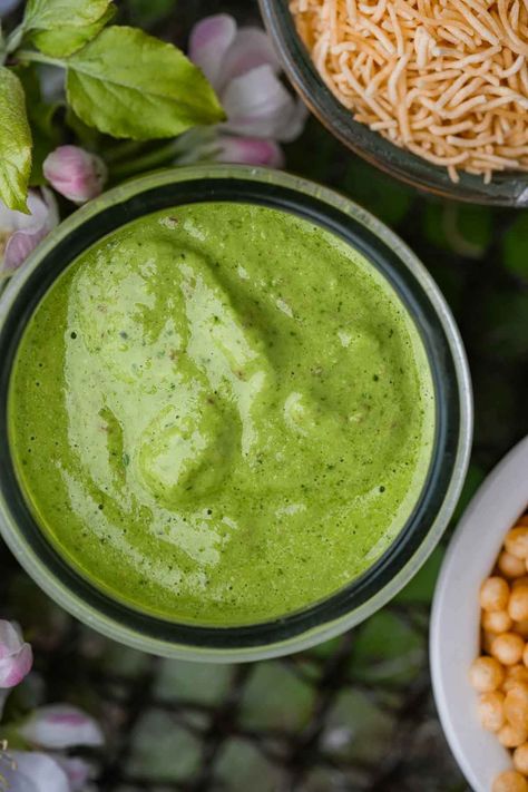 Dhaniya Pudina Chutney (Indian Cilantro Mint Sauce) - Cinnamon Snail Pudina Chutney, Khaman Dhokla, Peanut Chutney, Cilantro Chutney, Mint Chutney, Indian Vegan, Plant Based Yogurt, Mint Sauce, Bread Toast