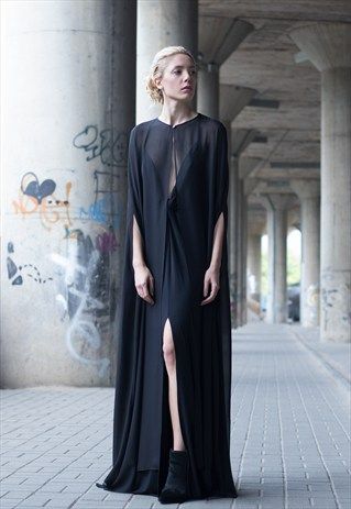 Black cape dress | Bastet Noir | ASOS Marketplace Black Cape Dress, Golden Necklaces, Plunging Neckline Dress, Silk Cape, Pointy Heels, Crop Top With Jeans, Black Cape, Bespoke Fashion, Cape Dress