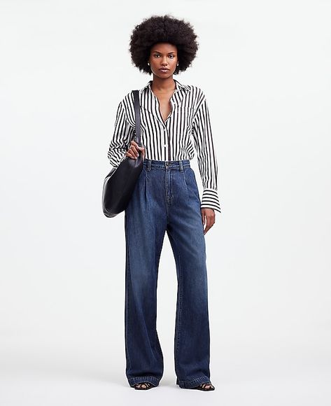 The Harlow Wide-Leg Jean: Airy Denim Edition | Madewell Denim Trousers Outfit, Trouser Jeans Outfit, Madewell Style, Trousers Outfit, Trouser Outfit, Stripe Shirt, Clothes Shopping, Denim Trousers, Fall Winter Fashion