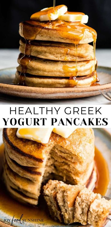 These Healthy Greek Yogurt Pancakes are fluffy and moist. They are easy to make (one bowl) and are the perfect delicious and nutritious breakfast recipe that your whole family will love! Gluten-free & refined-sugar-free options. Greek Yogurt Pancakes Recipe, Greek Yogurt Pancakes, Yogurt Pancakes, Healthy Greek Yogurt, Bolo Fit, Pancake Recipe Easy, Greek Yogurt Recipes, Pancakes Easy, Pancakes Healthy