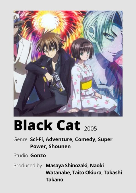 Anime Recomendation, Black Cat Poster, Anime Info, Anime Minimalist Poster, The Olsen Twins, Cat Movie, Anime Sites, Black Cat Anime, Anime List