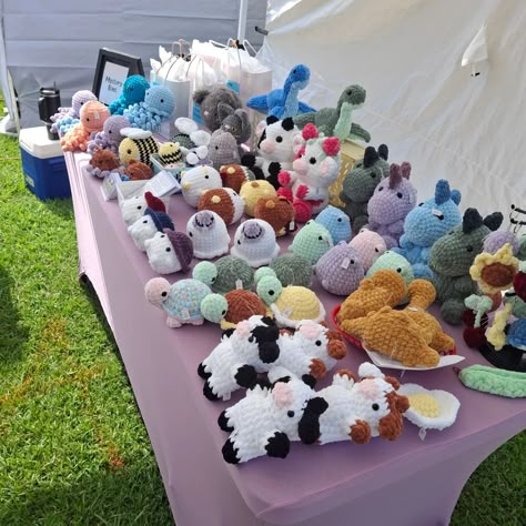 This mornings market setup! I'll be setup at the watermelon festival today and tomorrow! . . . Hashtags: #mississippi #shopsmall #crochetersofinstagram #crochet #smallbusiness #plushie #explore #amigurumi #crochetlove Crochet Market Setup Ideas, Crochet Market Display, Crochet Market Setup, Market Setup, Market Crochet, Watermelon Festival, Crochet Craft Fair, Learning Crochet, Quick Crochet Projects