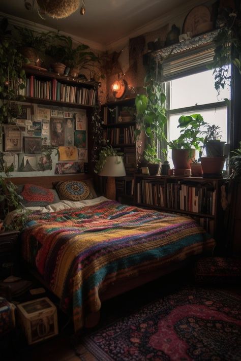 Vintage Hippie Bedroom, Whimsigoth Dorm, Whimsigoth Bed, Bohemian Bedroom Decor Hippie, Geek Home Decor, Decor Ideas Bedroom, Chill Room, Home Decor Aesthetic, Aesthetic Home Decor