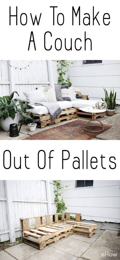 One-Picture Plans for a Pallet Couch Make A Couch, Pallet Garden Furniture, Pallet Patio Furniture, Pallet Couch, Diy Porch, Pallet Decor, Pallet Outdoor, Diy Garden Furniture, Pallet Furniture Outdoor