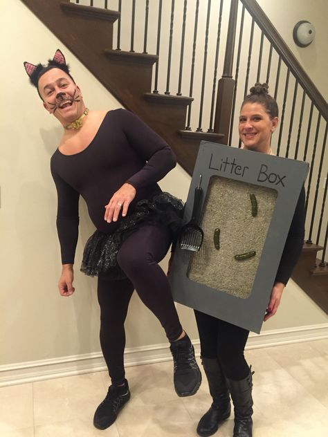 Cat and litter box couples costume Halloween Costumes With Cat And Owner, Cat Couples Costume, Cat Couple Costume, Cat Costume Plus Size Halloween, Black Cat Halloween Costume Pet, Woman’s Cat Costume, Crazy Cat Lady Costume, Cat Duo, Boxing Halloween Costume