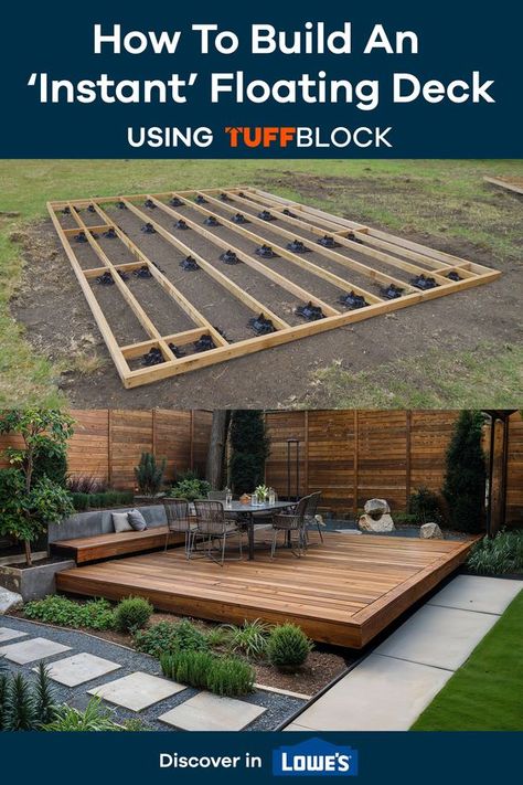 TuffBlocks allow you to build a deck in a single weekend. Avoid the need for digging and build on the most durable, lightweight and heavy duty deck block on the market. Deck Block Ideas, Building A Floating Deck Ground Level, Movable Deck Platform, How To Build A Deck, Leveling Yard, Build A Floating Deck, Floating Decks, Deck Blocks, Deck Over Concrete