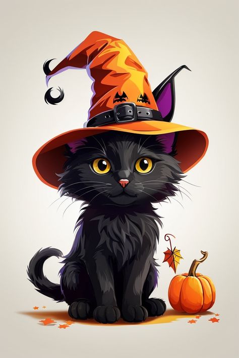 halloween cute black cat wearing a witches hat, kids style, Halloween elements, , whole body, Sketch style, full body cartoon style, vector art, clean vector art, white background, Sketch style, vibrant colors, no blends, so shadows, no gradients, solid colors Witchy Phone Wallpapers, Spooky Background, Wallpaper Aesthetic Dark, Autumn Cat, Halloween Black Cats, Happy Halloween Pictures, Halloween Houses, 8k Ultra Hd, Fairy Tale Illustration