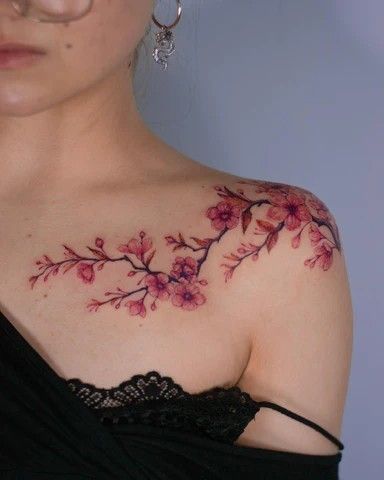 Blossom Tattoo Shoulder, Cherry Blossom Tattoo Shoulder, Cherry Blossom Tattoos, Blossom Tree Tattoo, Sakura Tattoo, Branch Tattoo, Tattoo Shoulder, Vine Tattoos, Inspiration Tattoos