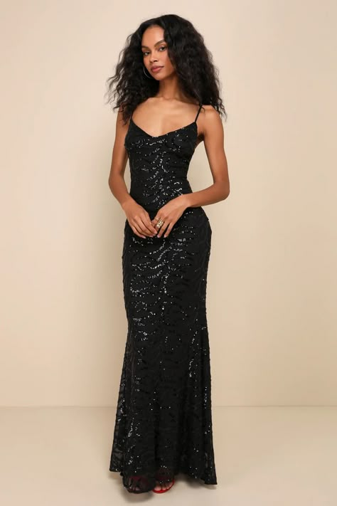 Captivate the crowd with the way you move in the Lulus Mesmerizing Demeanor Black Sequin Backless Mermaid Maxi Dress! Sparkling black sequins create an intricate, wavy design across stretchy mesh knit as it falls from adjustable spaghetti straps into a flattering V-neckline and a fitted bodice. The figure-skimming silhouette continues into a mermaid maxi skirt that features an elegant train at back. The deep V-back creates a sultry final finish! Hidden back zipper/clasp. Mermaid Maxi Skirt, Mermaid Maxi Dress, Prom Dress Inspo, Wavy Design, Black Prom Dress, Prom Dress Inspiration, Cute Prom Dresses, Black Prom, Pretty Prom Dresses