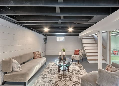 Paint-rafters Unfinished Basement Ideas, Basement Remodel Ideas, House Basement, Basement Gym, Basement Redo, Basement Inspiration, Home Basement, Basement Playroom, Diy Basement