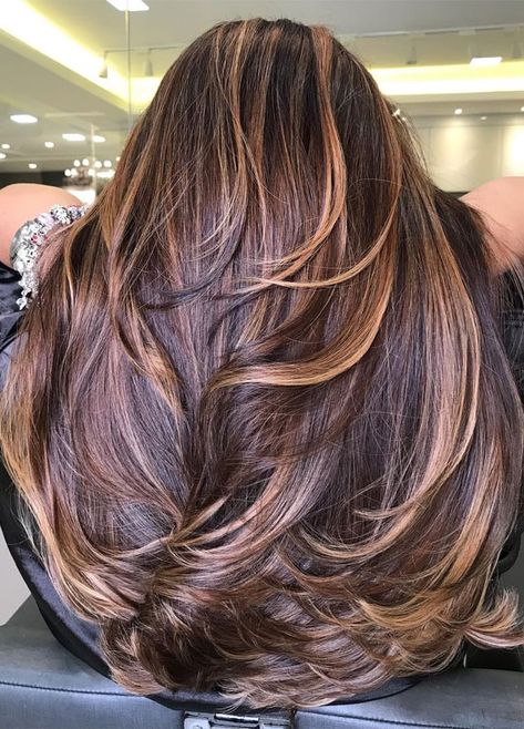 Balayage Caramel, Rambut Brunette, Hair Highlights And Lowlights, Hair With Blonde Highlights, Copper Highlights, Brown Hair Inspo, Brunette Balayage, Dark Hair With Highlights, Brunette Balayage Hair