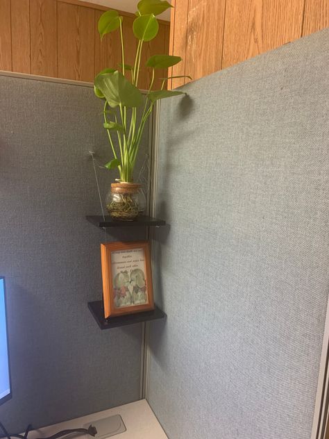 Finally a solution for maximizing your work space by using shelves! Customize your cubicle panel with shelves to keep your space organized. Made from wood.  Utilizes fastening pins that are attached securely to the fabric panel, giving you space to place items instead of taking up precious space from your desk. Two shelves of the same size sharing the same fastening system.  The space between the top of bottom shelf and the bottom of the top shelf is about 12".  Allowing ample room for tall item Cubicle Decor Office Ideas, Cubicle Office Ideas, Decorating Cubicle At Work, Cubicle Decor Office Work Spaces, Small Cubicle Decor, Minimalist Cubicle Decor, Diy Cubicle Decor, Office Cubicle Organization, Office Desk Decor For Work Cubicle