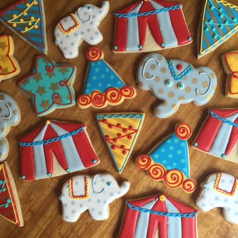 Circus Decorated Sugar Cookies #circusparty #circus #circustheme #retirement #retirementparty #specialoccasion  #partyfood #cookies #cookiedecorating Circus Cookies Decorated, Circus Cupcakes, Retirement Party Themes, Circus Food, 1 Cookies, Circus Cookies, Italian Biscuits, Themed Cookies, Best Bakery