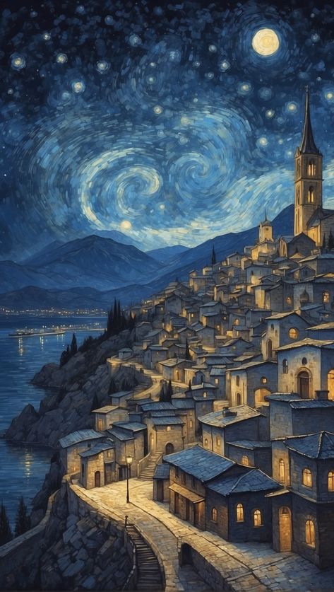 Peaceful Night Pictures, Impressionism Painting Wallpaper, Paintings For Wallpaper, Do Not Go Gentle Into That Good Night, Old Paintings Wallpaper, My Dream World Drawing, Old Art Wallpaper, Night Painting Moonlight, Ethereal Art Wallpaper