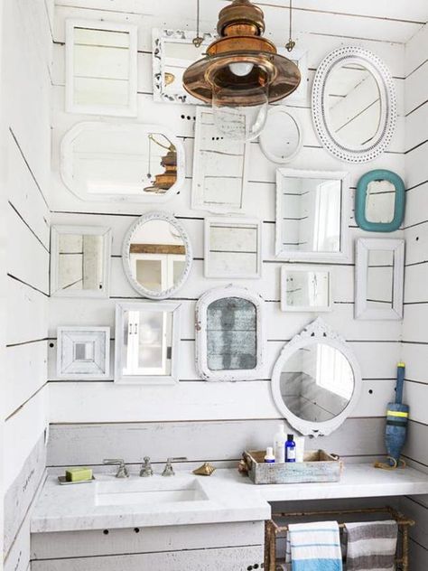 20 Bathrooms We Wouldnt Mind Sitting Around In via Brit + Co Beach Home Interiors, Multiple Mirrors, Mirror Gallery, Mirror Gallery Wall, Mirrors Bathroom, Chic Bathrooms, Neutral Design, Splish Splash, Mirror Mirror On The Wall