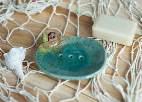 House By The Lake, Soap Holder Bathroom, Miniature Pottery, Metallic Glaze, Ancient Pottery, Ceramic Soap Dish, By The Lake, Blue Lake, Soap Gift